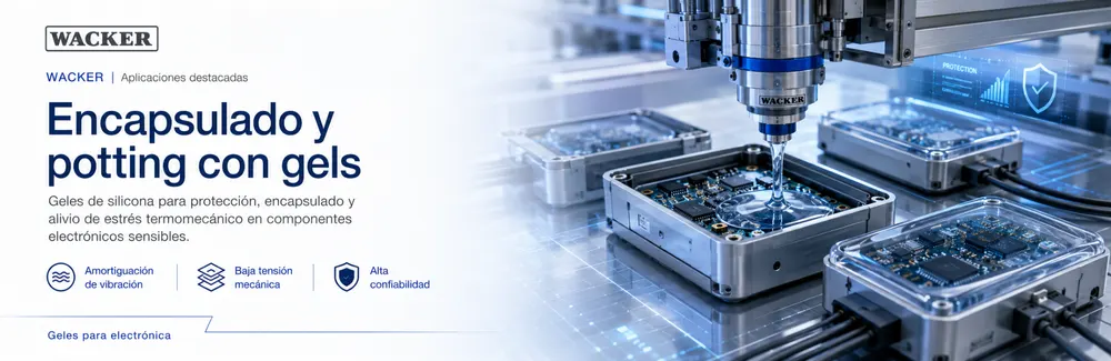 WACKER encapsulado y potting con gels: Geles de silicona para protección, encapsulado y alivio de estrés termomecánico en componentes electrónicos sensibles.